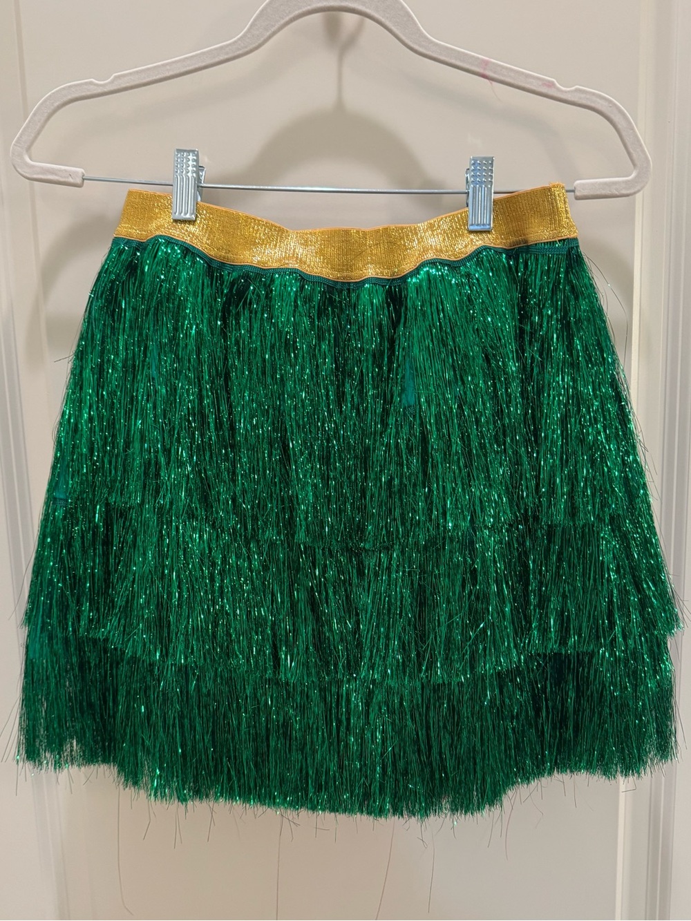 Green Metallic Fringe Mini Skirt with Gold Waistband